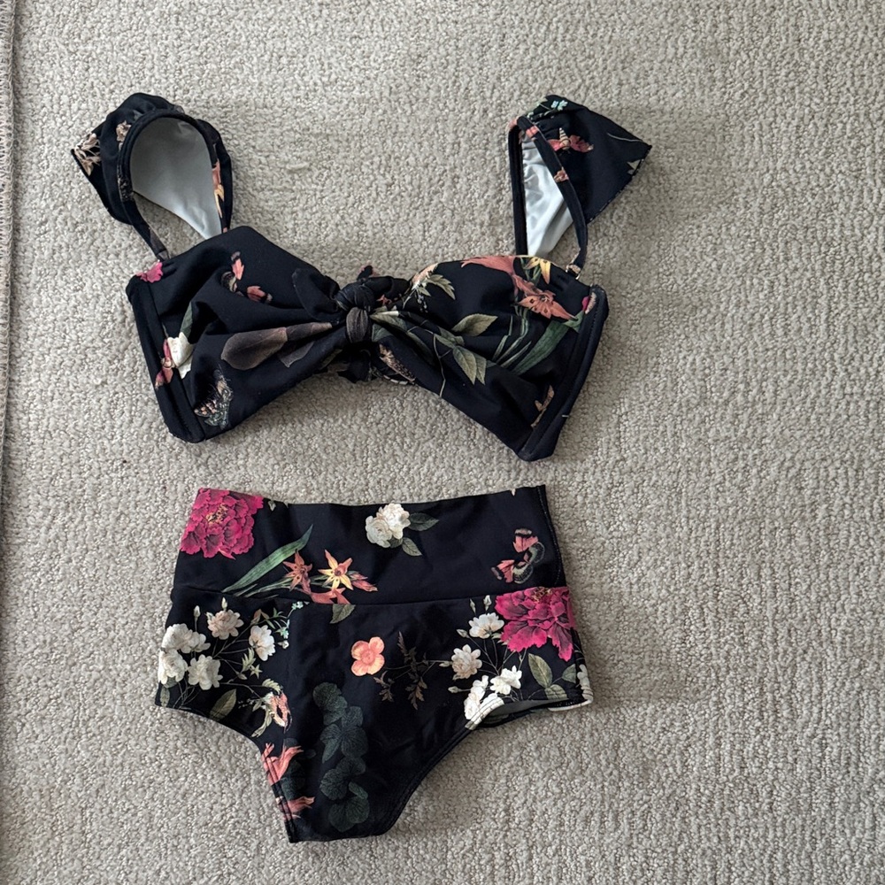 Floral Knot Front High-Waist Bikini Set - Black with Pink & Cream Flowers